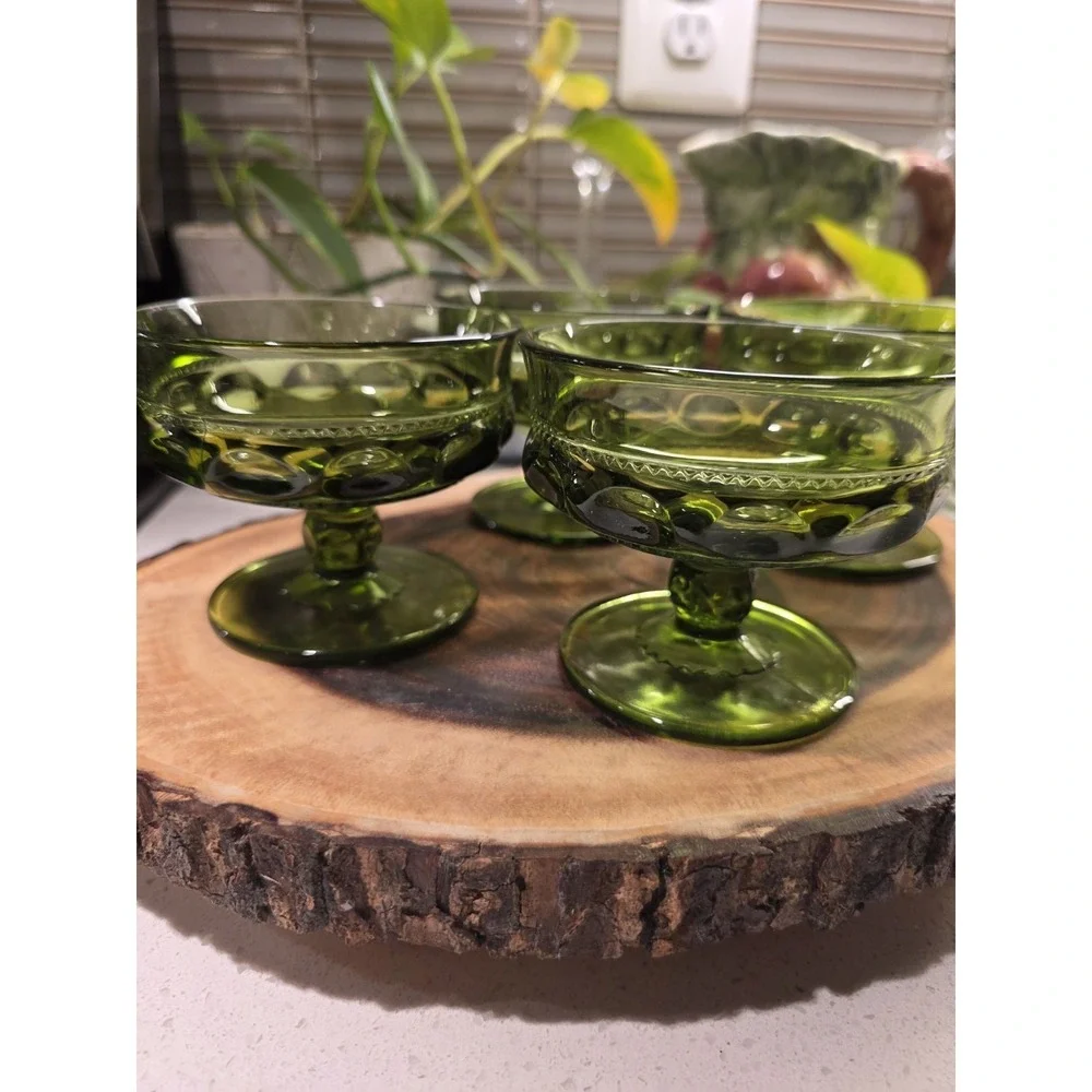 VTG Avocado Green Indiana Glass‎ Kings Crown Thumbprint Dessert Goblet Set Of 4